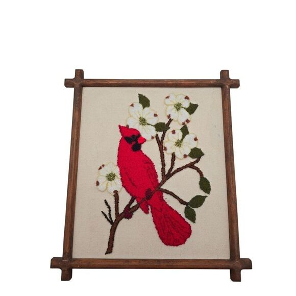 Vintage Handmade Cardinal & Dogwood Punch Needle Art In Wooden Frame - Picture 1 of 10